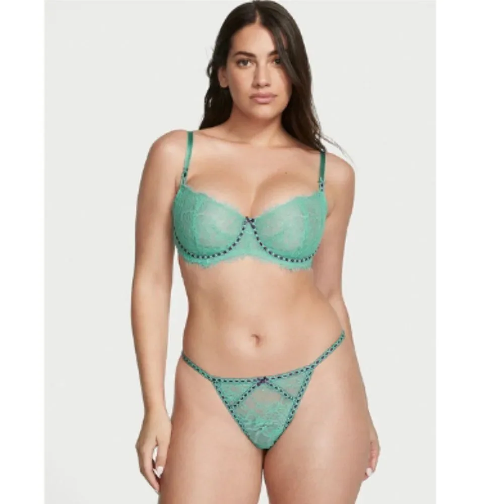 NWT Victoria's Secret Dream Angels Blue V-String Floral Lace Panties Size XL